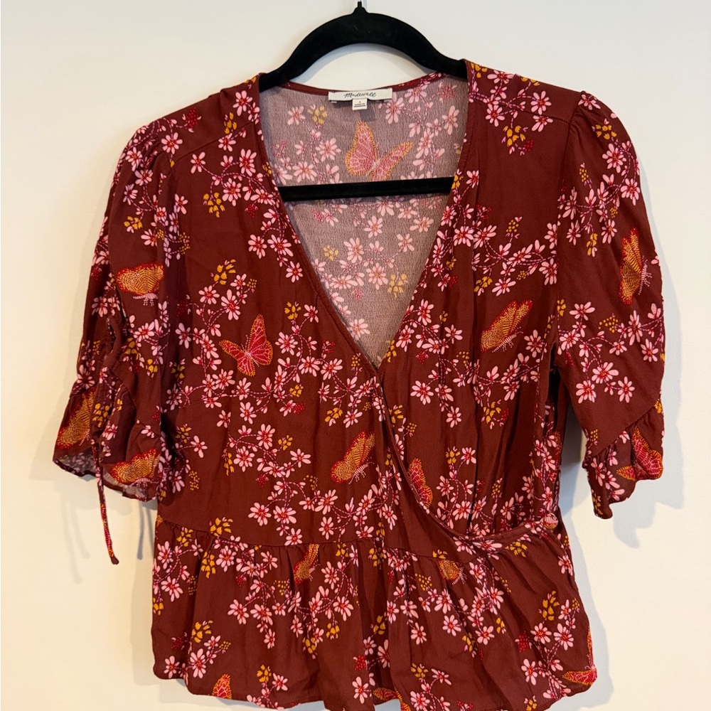 Madewell Women’s Burgundy Floral Wrap Top with Butterfly Print